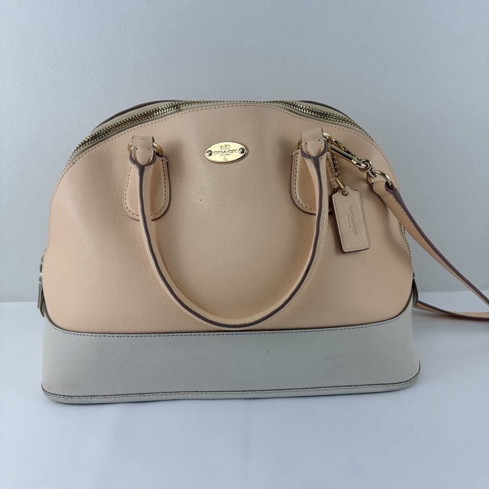 Coach Colorblock Pebbled Leather Dome Satchel Crossbody Peach Ivory